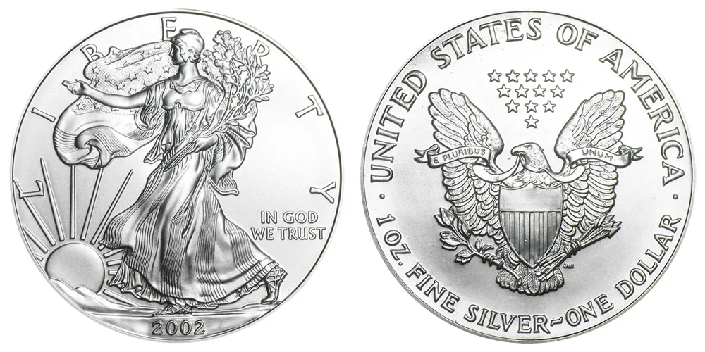 2002 American Silver Eagle dollar obverse showing Walking Liberty design