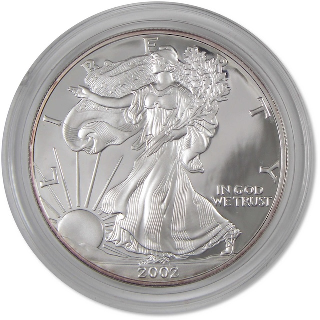 2002 Silver Eagle obverse close-up showing milk spot contamination on Walking Liberty