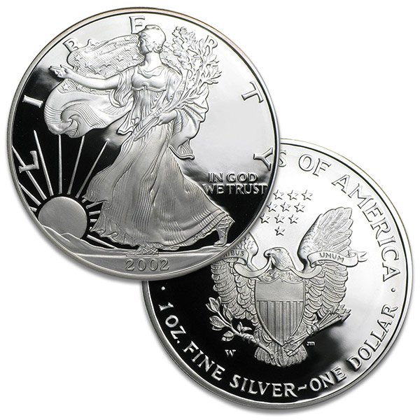 2002 Silver Eagle grading strip showing four condition tiers from raw worn to MS70 perfect